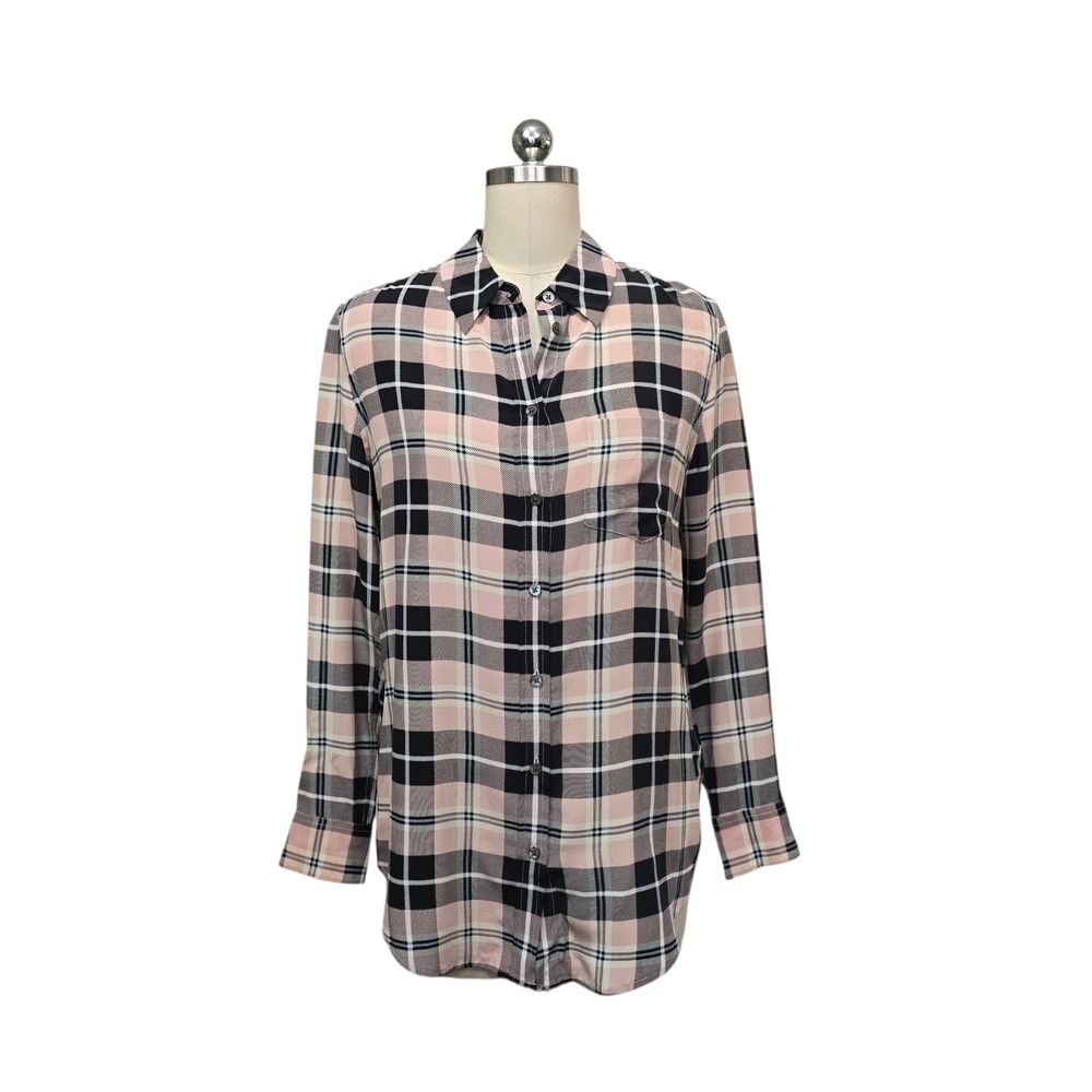 Equipment Femme Pink Black Plaid 100% Silk Button Down Shirt Size XS Lightweight